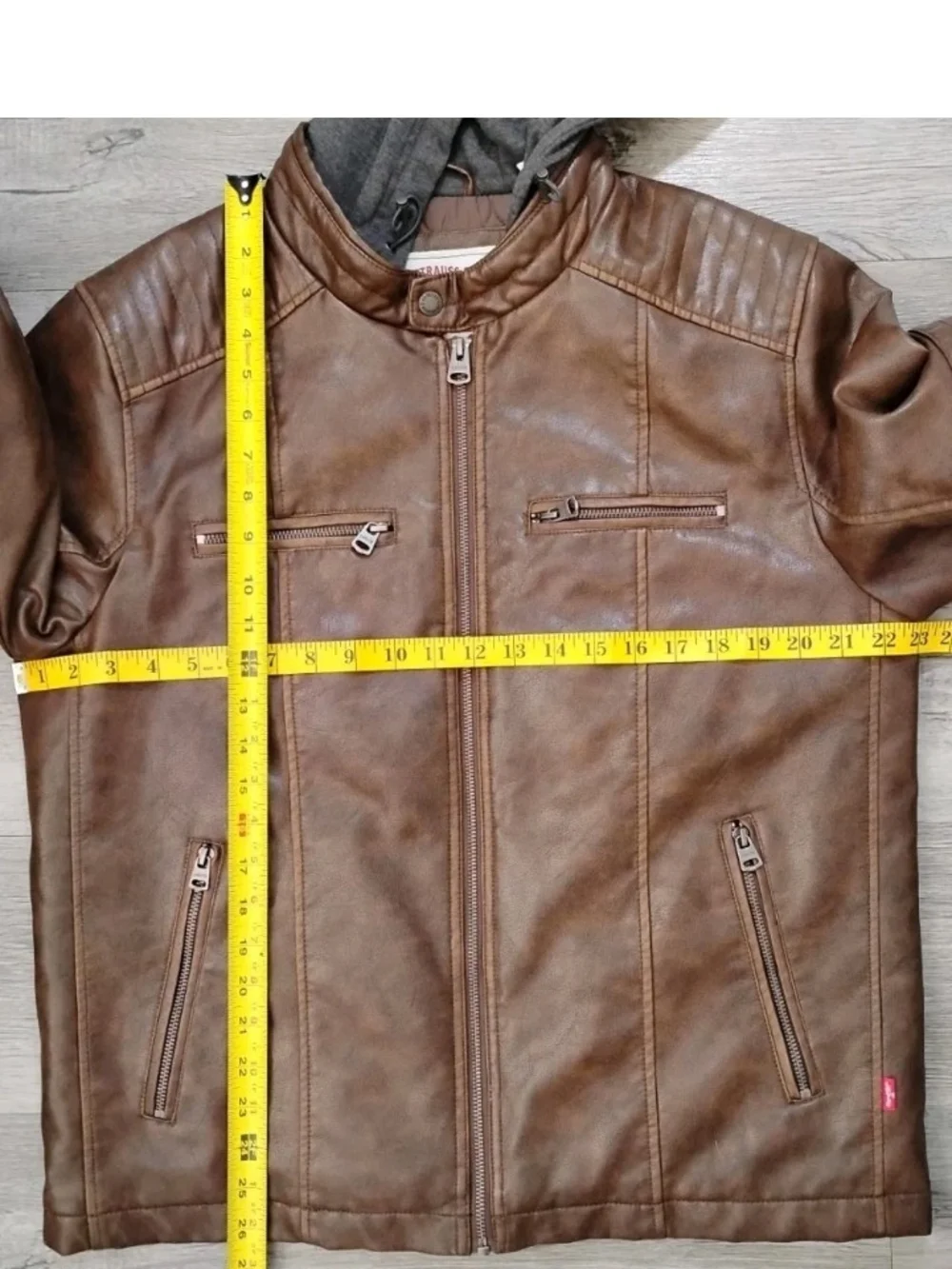 MEN'S LEVI STRAUSS GENTLY WORN FAUX LEATHER HOODED RACER JACKET BROWN SIZE M